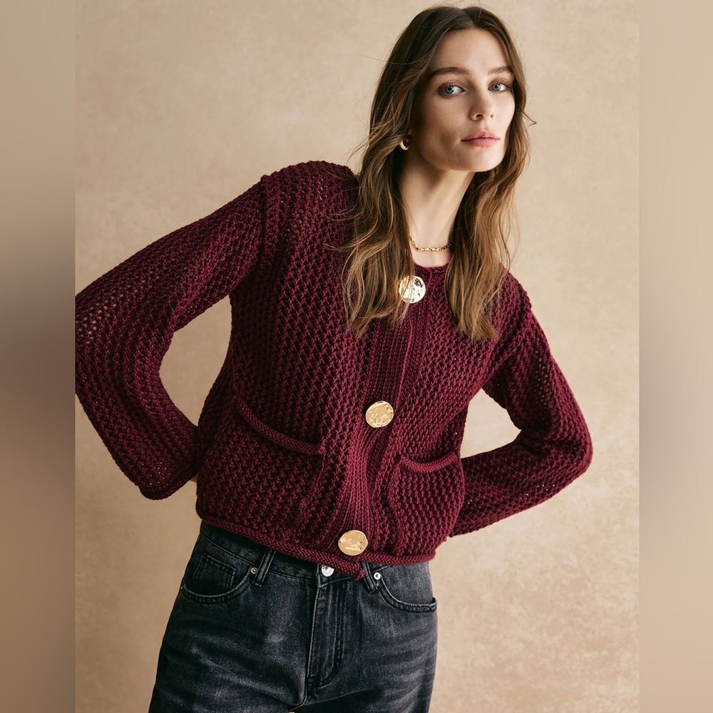Zara chunky knit cardigan in burgundy - Picture 10 of 16